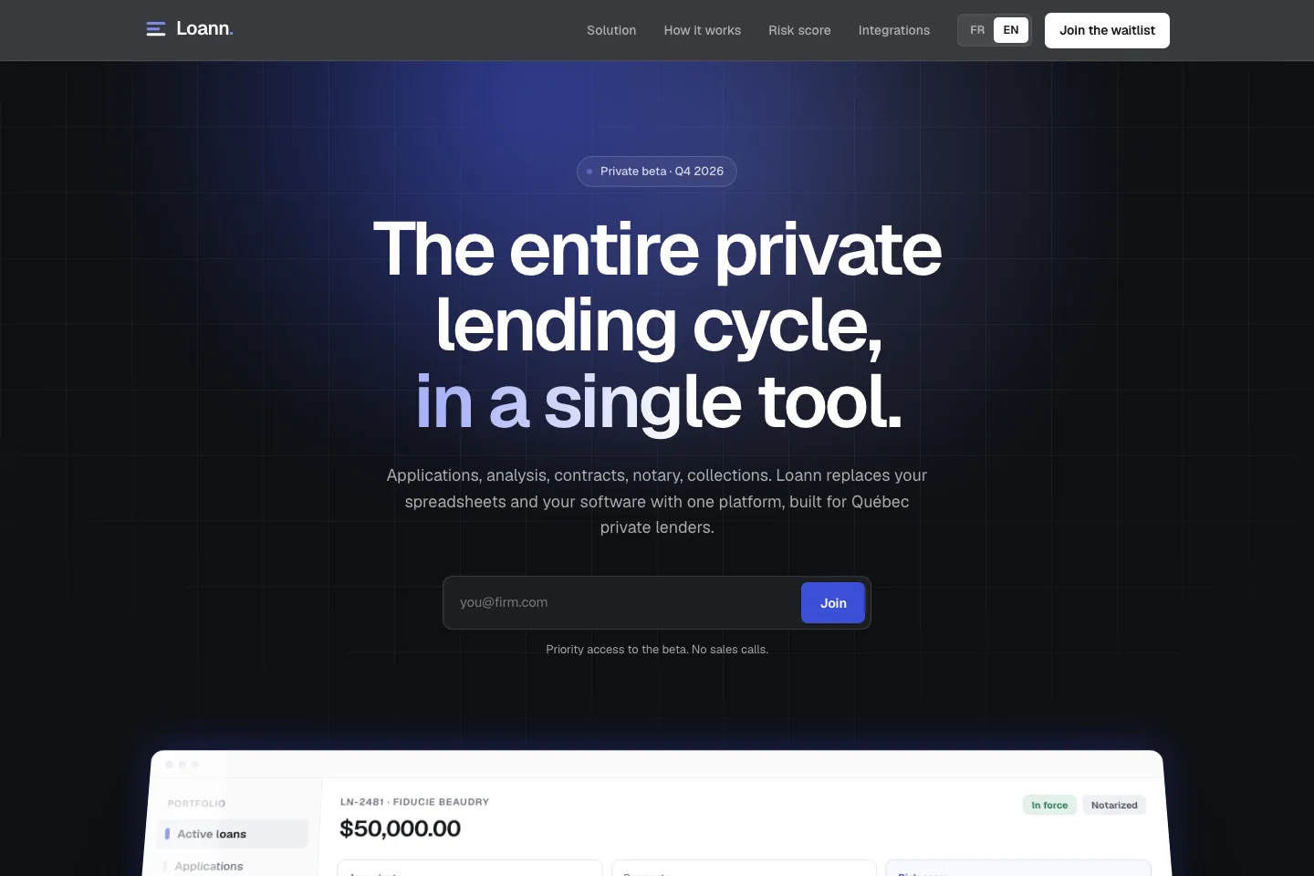 Loann website presenting its loan management platform for private lenders